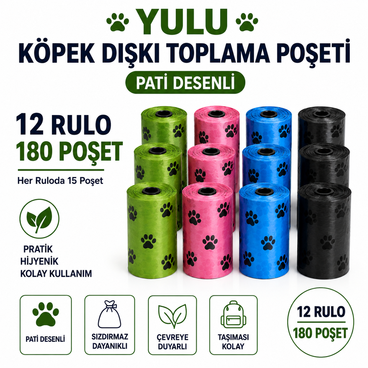 Köpek Dışkı Poşeti - 12 Rulo / 180 Adet