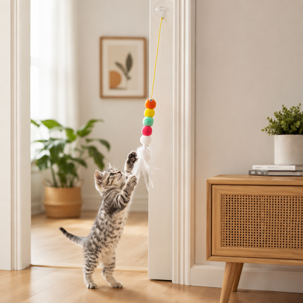 Yapışkanlı Kedi Oltası - Zilli, Tüylü ve Esnek İpli
