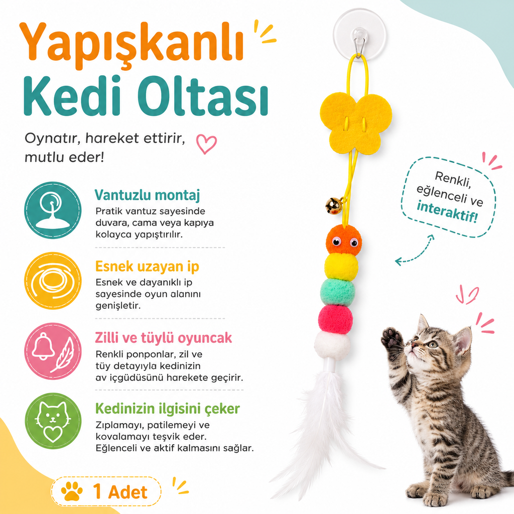 Yapışkanlı Kedi Oltası - Zilli, Tüylü ve Esnek İpli