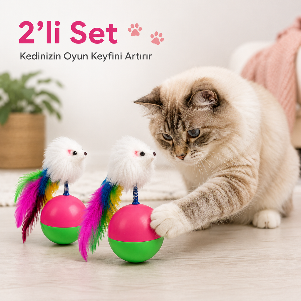 Hareketli Fareli Kedi Oyuncağı - Tüylü ve Yaylı