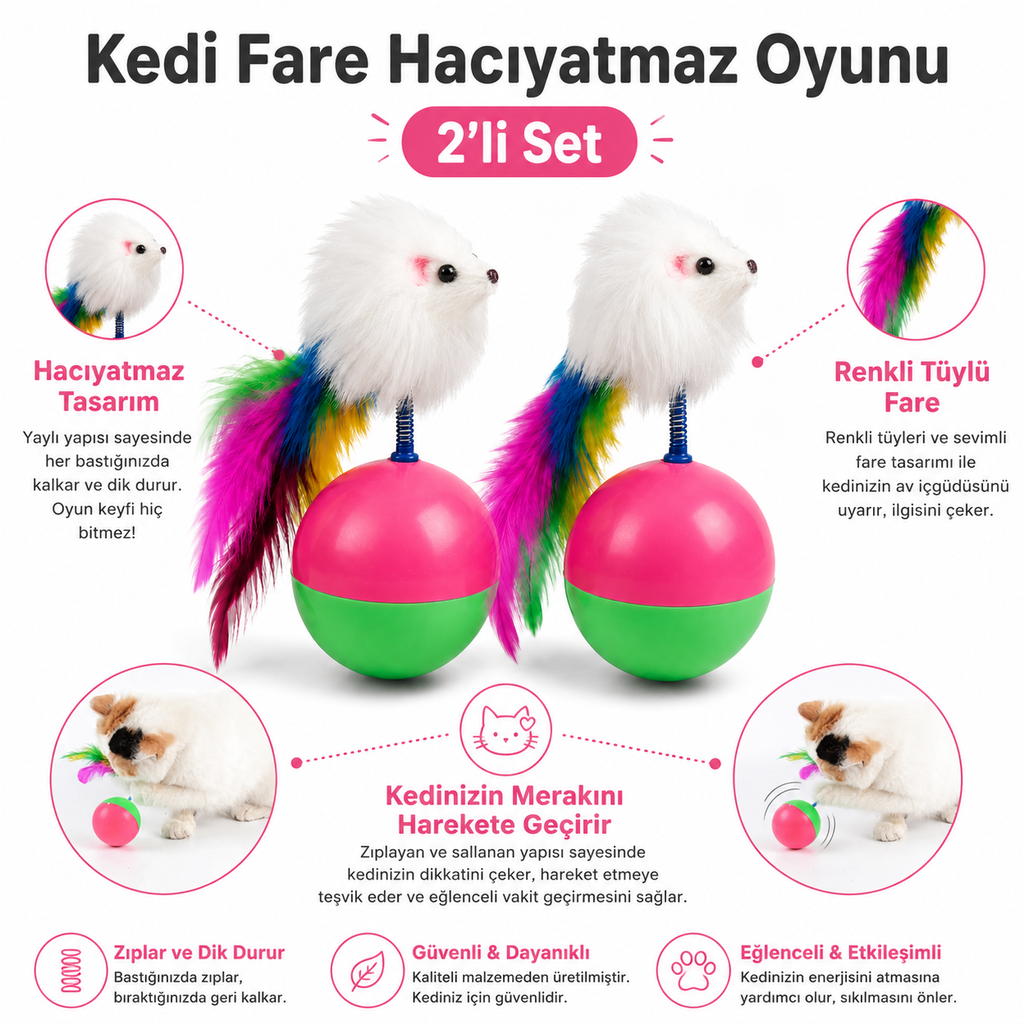 Hareketli Fareli Kedi Oyuncağı - Tüylü ve Yaylı