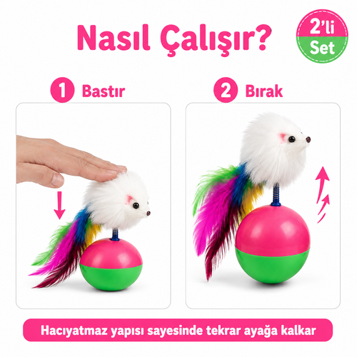 Hareketli Fareli Kedi Oyuncağı - Tüylü ve Yaylı