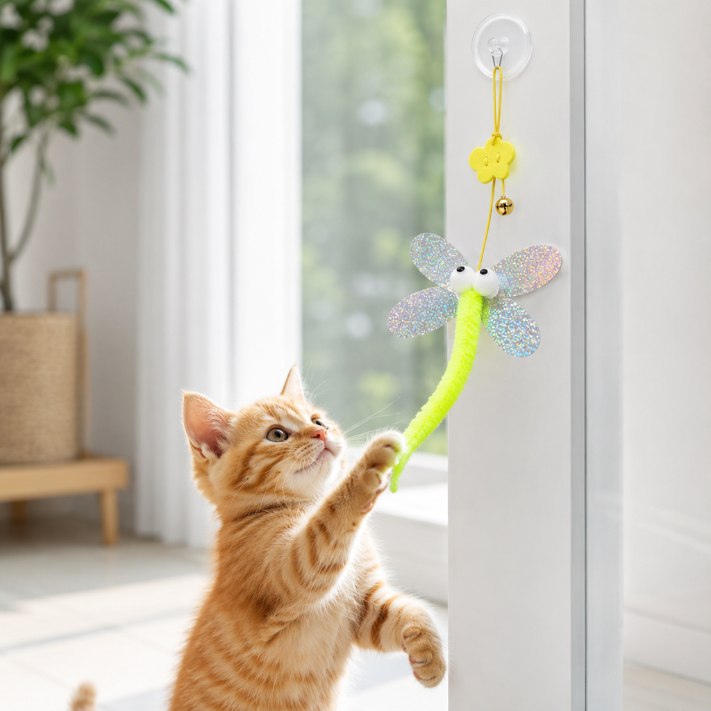 Yapışkanlı Yusufçuk Kedi Oyuncağı - Zilli ve Esnek İpli