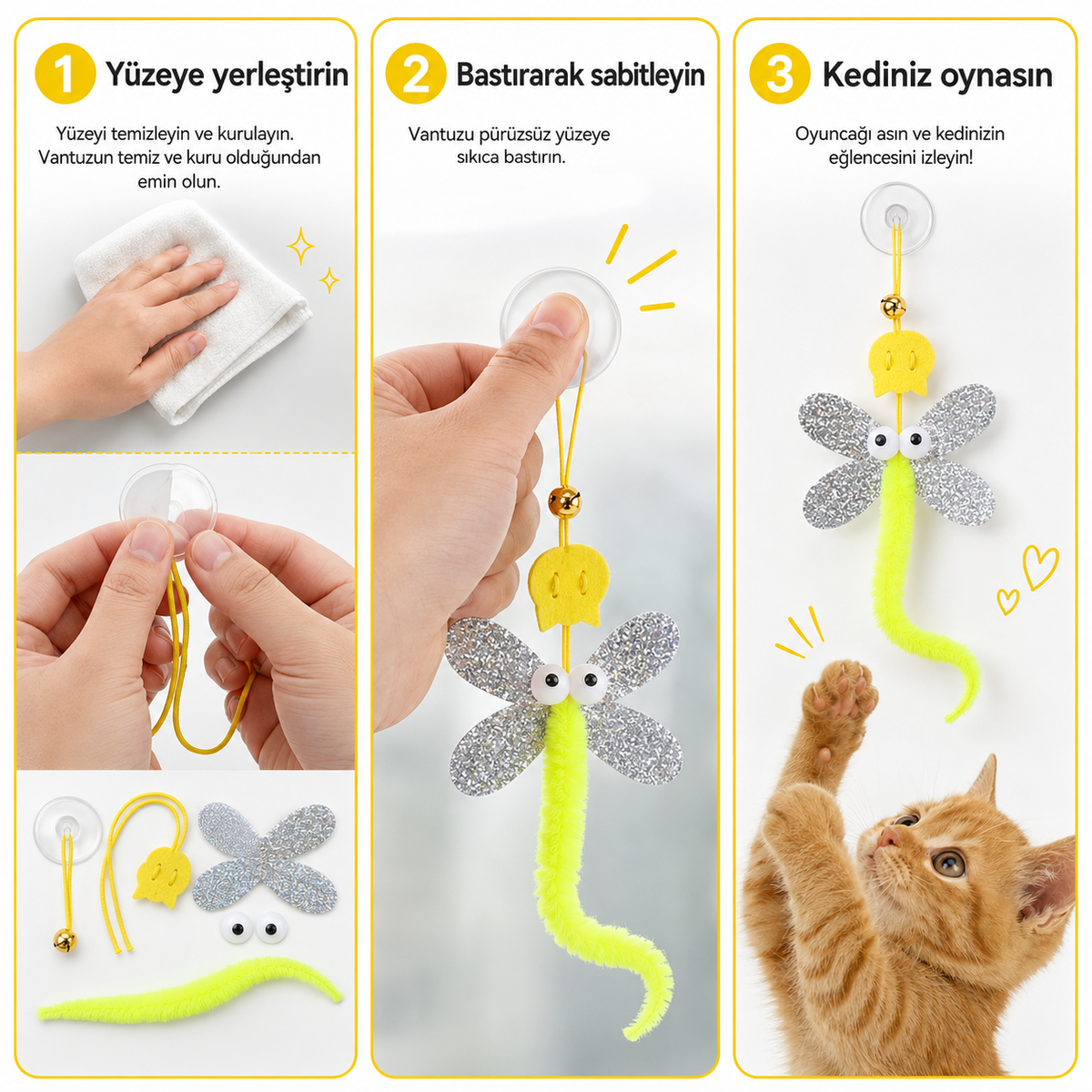 Yapışkanlı Yusufçuk Kedi Oyuncağı - Zilli ve Esnek İpli